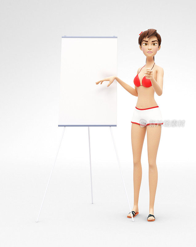 产品flip chart模型和空白板与严肃和严格的珍妮- 3D卡通女性角色在泳衣比基尼